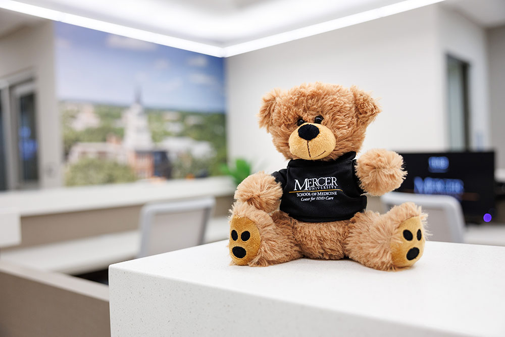 Plush teddy bear wearing a Mercer University School of Medicine Center for IDD Care shirt sits on a